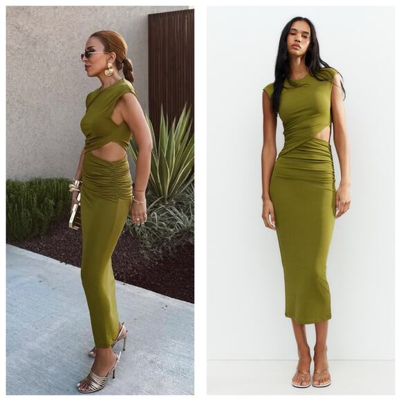 NWT Zara Olive Green Cut Out Ruched Midi Dress Size Small 5039/316 Cocktail Chic - Picture 1 of 13